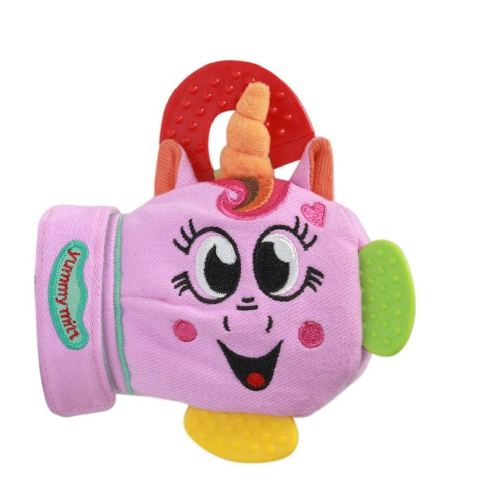 Pink unicorn teether with little plastic tabs