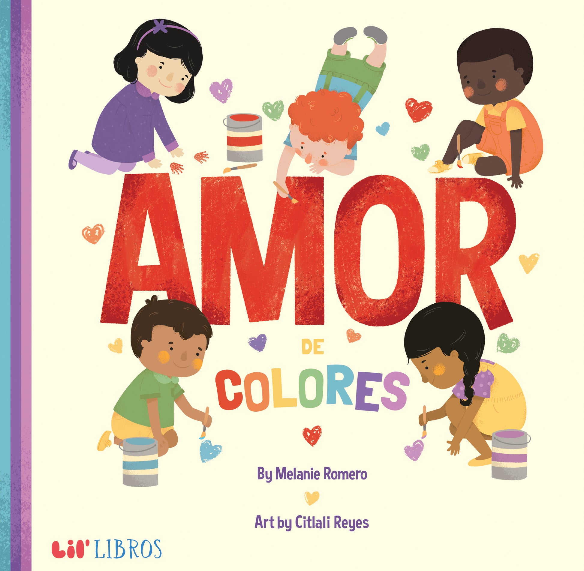 Book cover of 'Amor de Colores' with children playing and colorful text.
