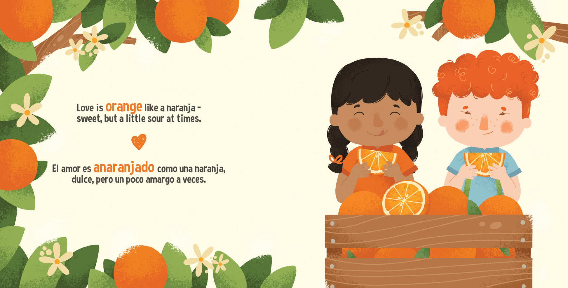Illustration of two children with oranges, surrounded by orange fruits and leaves, with text about love being 'orange'.