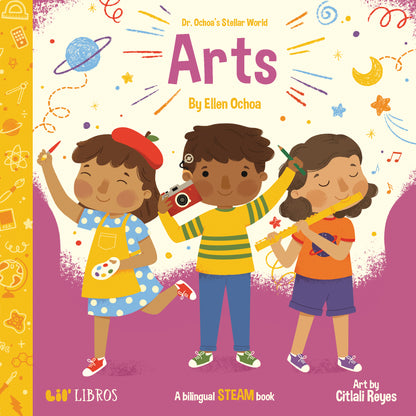 Book cover of 'Dr. Ochoa's Stellar World: Arts' with three children engaging in arts and crafts activities.
