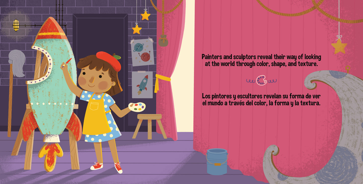 Illustration of a child with a rocket and another child with a paintbrush in a room with colorful decorations.