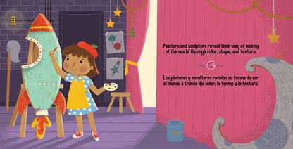 Illustration of a child with a rocket and another child with a paintbrush in a room with colorful decorations.